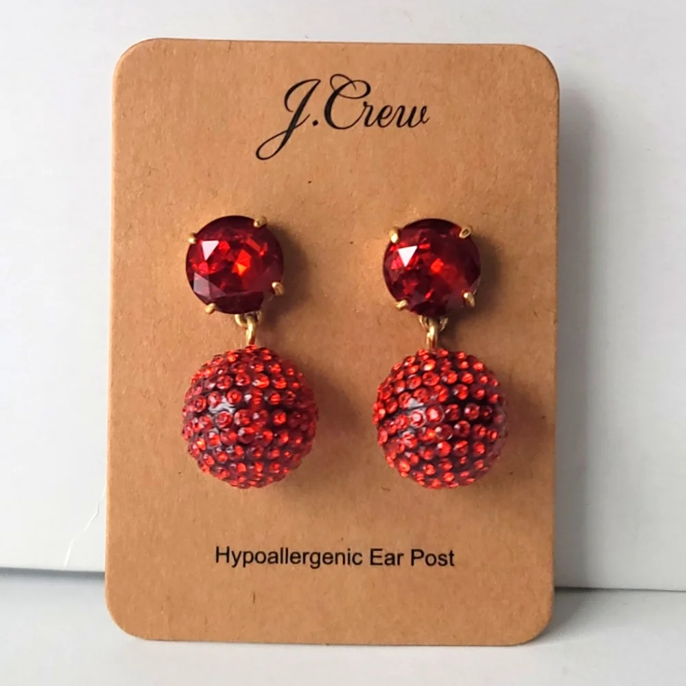 NWT J. Crew | Fresh Berry Red Pave Resin Drop Earrings - Picture 2 of 5